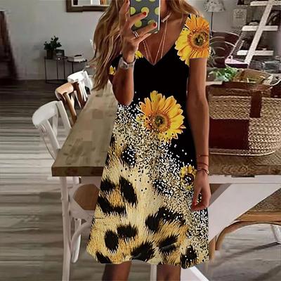 Summer Fashion Women's V Neck Short Sleeve Flowing Sand Sunflower Printed Dress Sex Dress