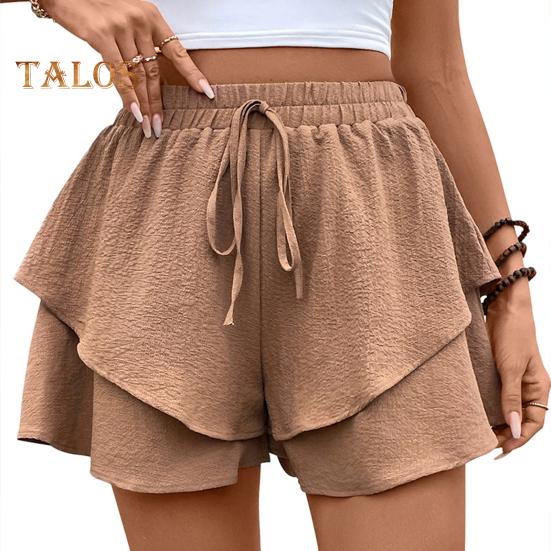 

Женские летние шорты, эластичные, с высокой талией, регулируемые, с широкими штанинами, с оборками, многослойный дизайн, повседневные шорты M коричневый