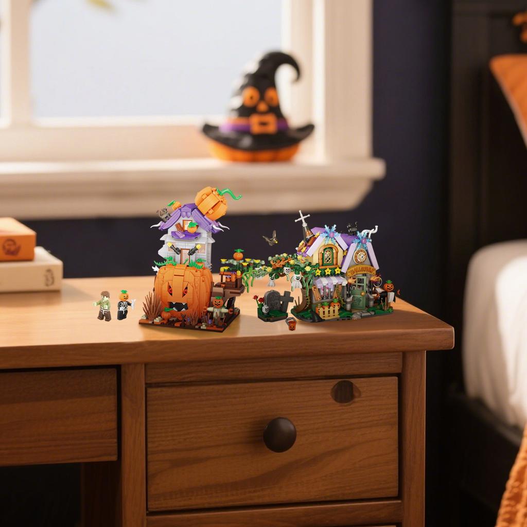Halloween House Travel Pumpkin Carriage Haunted House Building BlocksSmall ParticleAssembly Toys