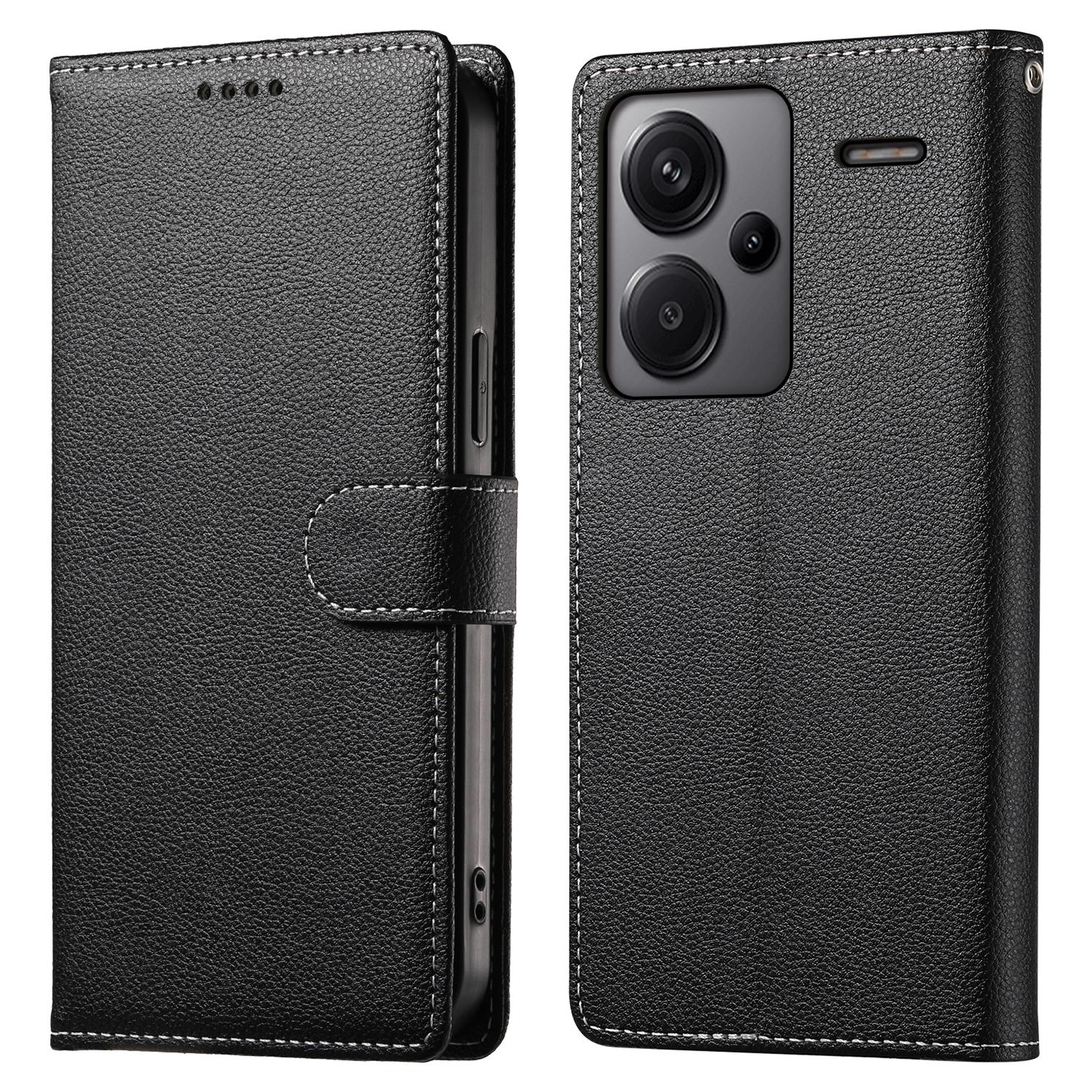 

Чехол-подставка для Xiaomi Redmi Note 13 Pro+ 5G, кожаный чехол-кошелек с текстурой личи, магнитная застежка Black