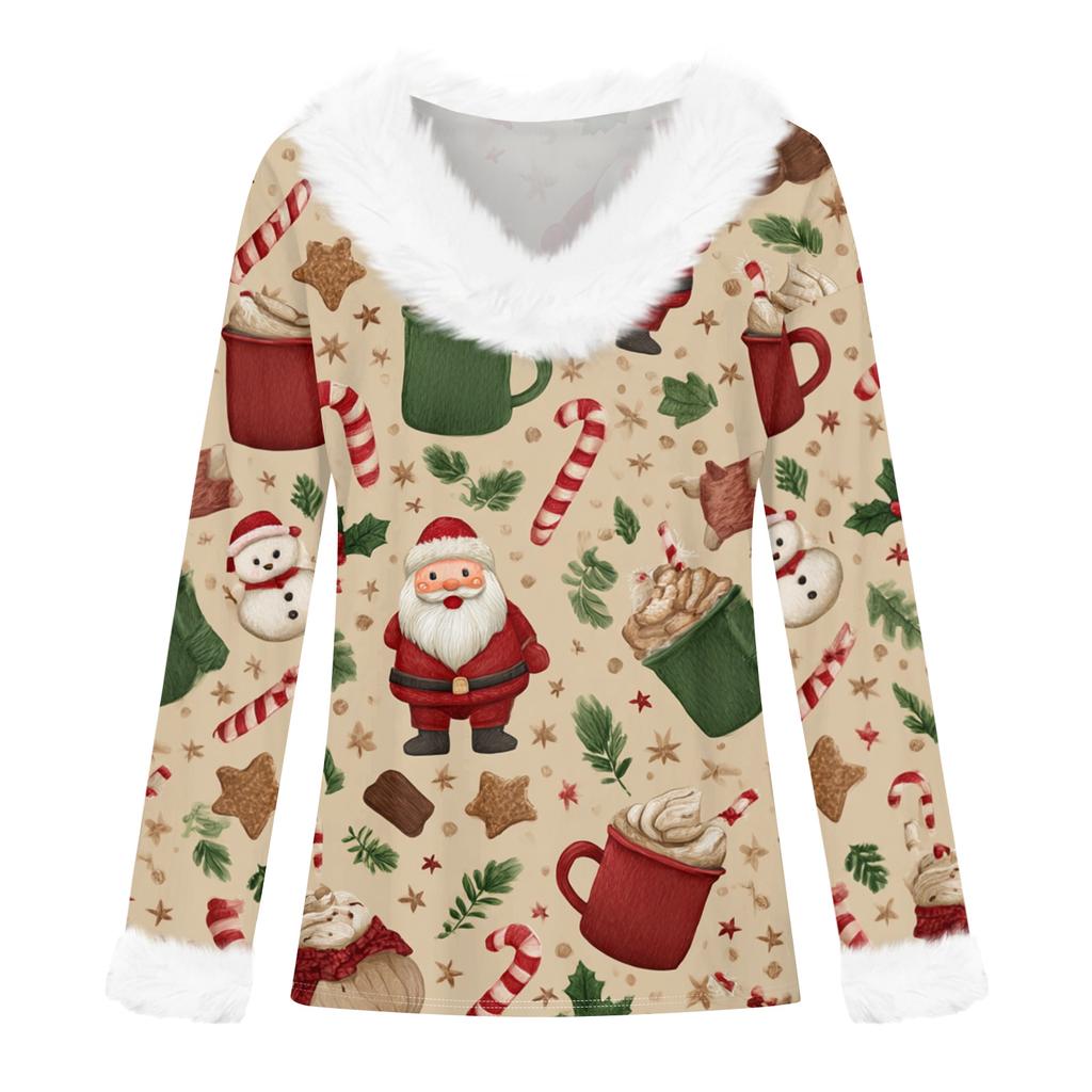 Women's Casual Fashion Long Sleeve Christmas Printed Flannel Collar Top