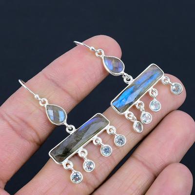 Natural Labradorite & Blue Topaz Gemstone Earrings, 925 Sterling Silver, Handmade Teardrop Dangle Earring Jewelry Gift For Valentine's Day
