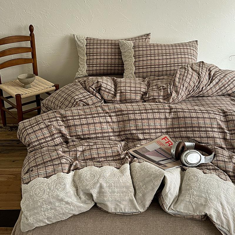 4pcs Vintage Lace Style Bedding Set Nordic Floral Duvet Cover Set Flat Sheet Twin Double Size Bed Sheet Set For Bedroom Decor