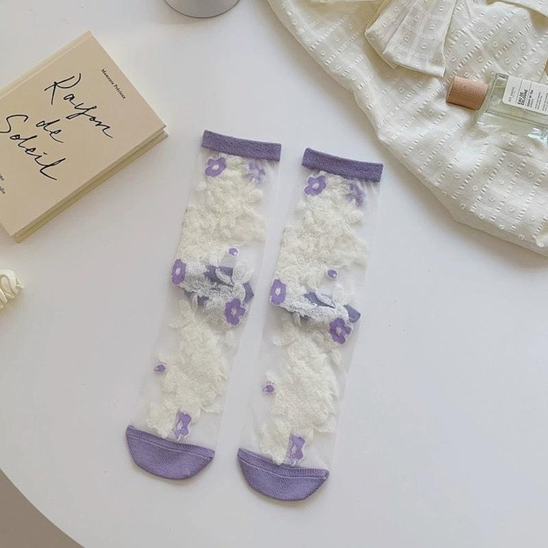 1 Pair Women's France Floral Ultra-Thin Transparent Crystal Silk Socks New Sweet Cute Japanese Summer Mid-Tube Elastic Socks