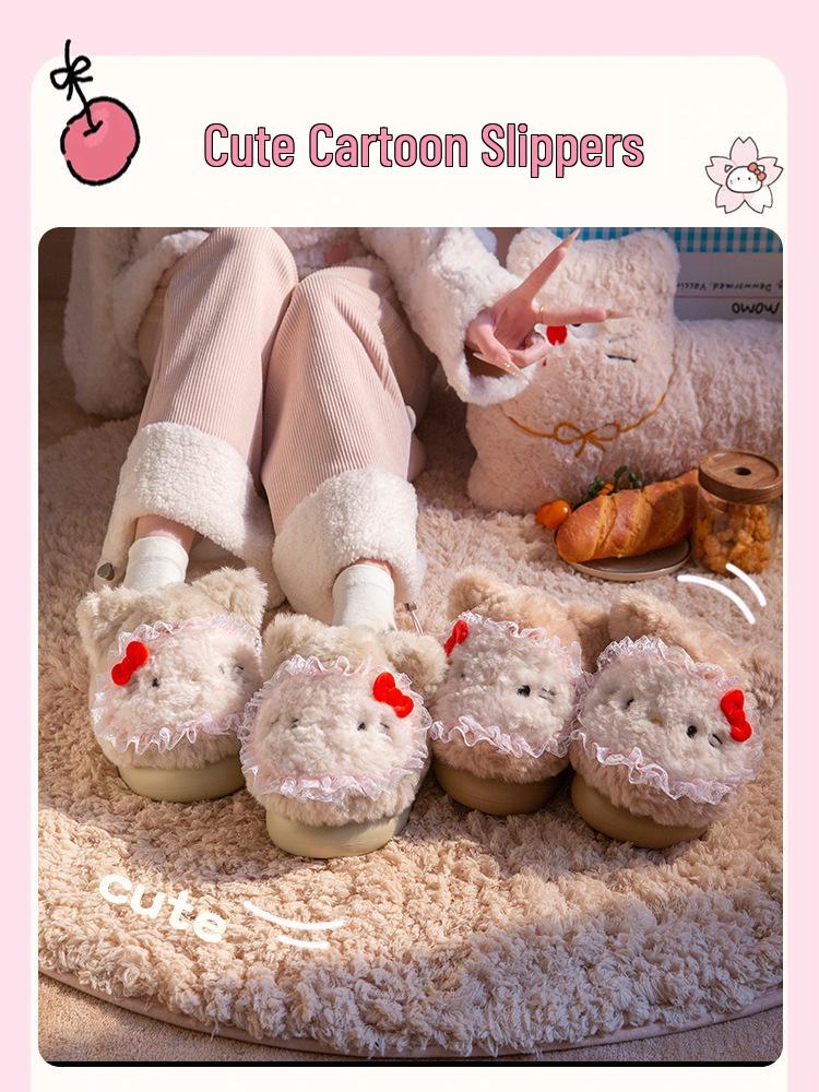Women’s Cute Cartoon KT Cat Cotton Slippers - Sanrio Furry Plush, Heel-Covered Winter 2025