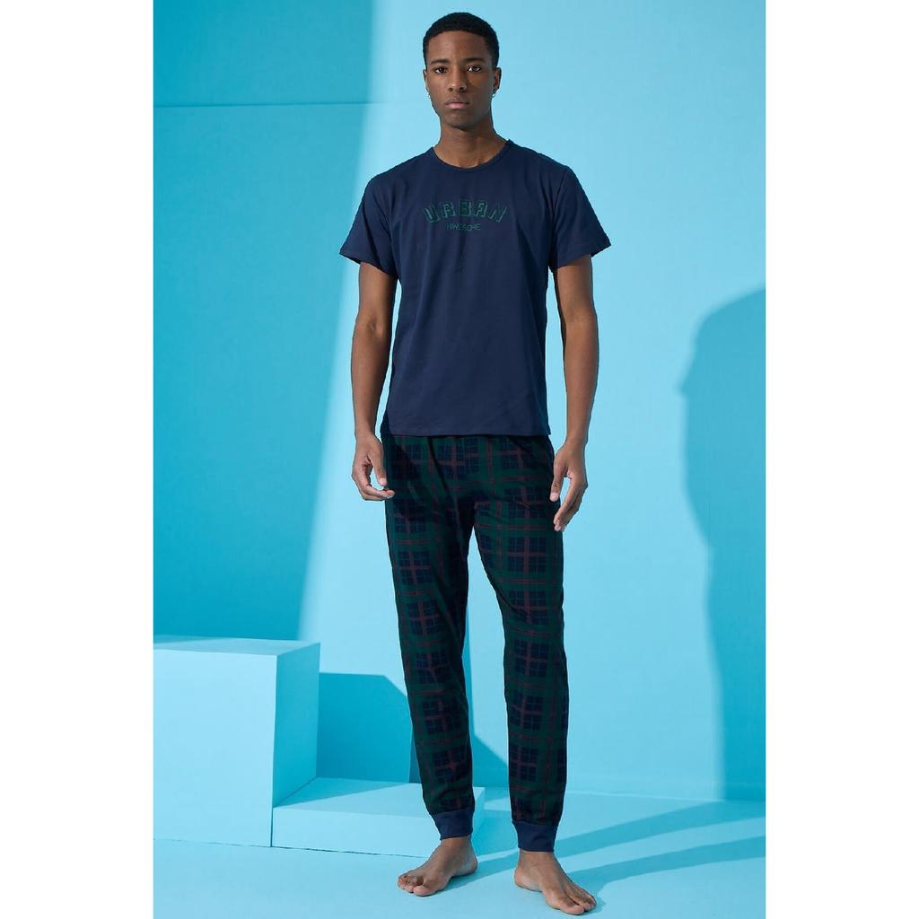 Marineblaues, kurzärmliges Herren-Pyjama-Set mit Urban-Print