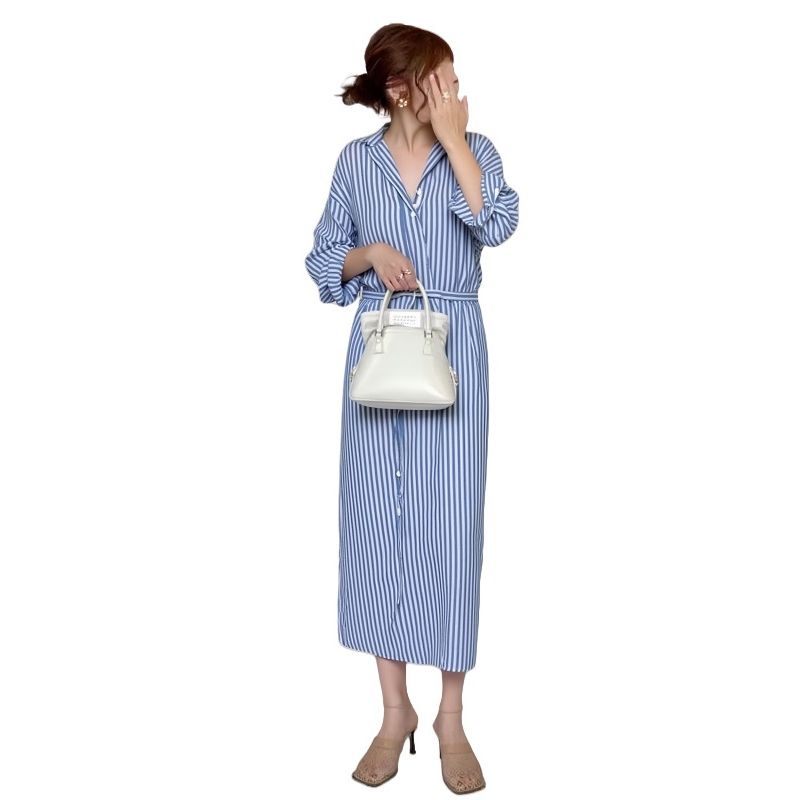 Japanese and Korean Spring New Arrival Work Clothing Ol Artsy Polo Collar Stripes Belt Mid Length Long Length Long Sleeves Shirt Dress Dress