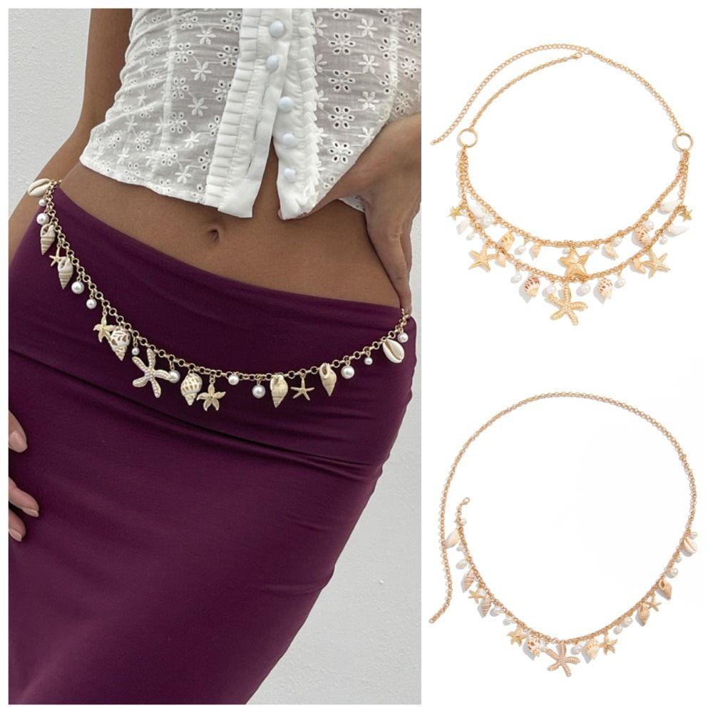 Imitation Pearl Beach Shell Waistband Adjustable Women's Necklace Shell Starfish Waist Chain  Women