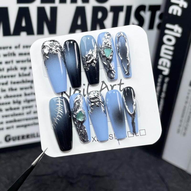 3D Embossed Press-On Nails Long Gradient Metallic Irregular Shape False Women Extra Small