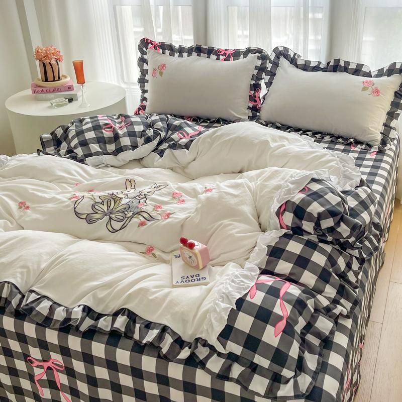 Peter Garden Rabbit Bedding Set Double Layer Lace Plaid Duvet Cover Set Bed Sheets Set Pillowcase Single Double Queen Size Decor