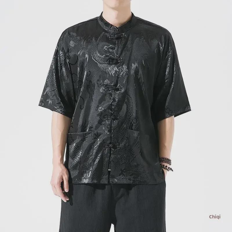 Herren-Tang-Hemd aus Eisseide mit Drachenmuster im chinesischen Stil – kurze Ärmel, lockere Passform
