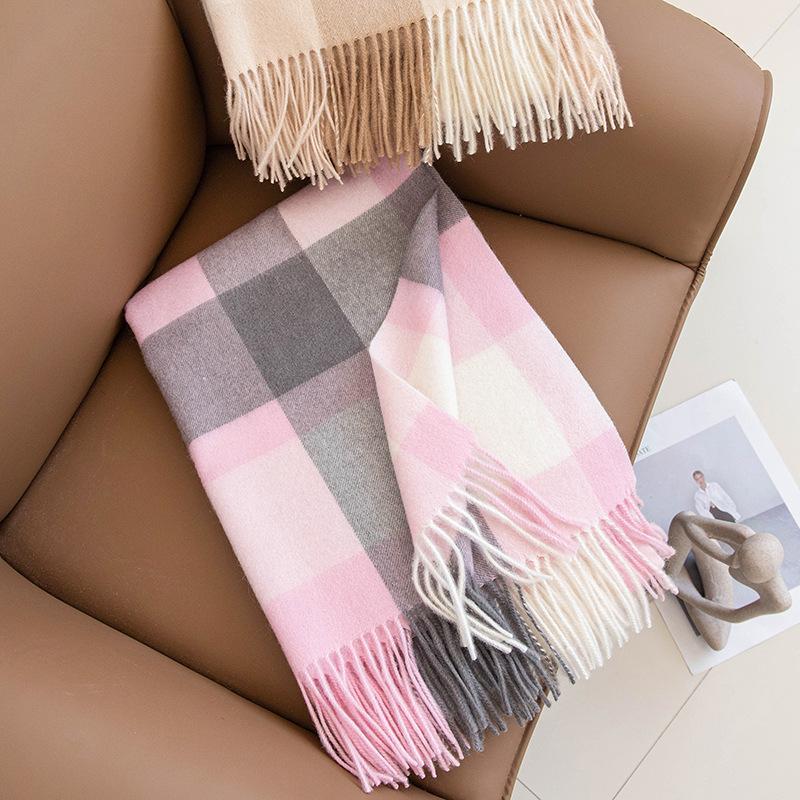 Wool Scarf Autumn and Winter New Plaid Color Matching Women's All-match Scarf Thickened Warm Shawl Simple Tassel