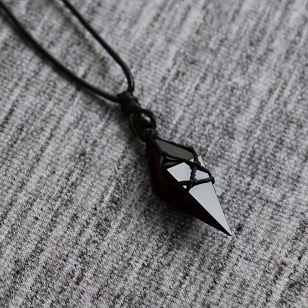 Natural Obsidian Necklace Handmade Bohemian Jewelry with Glossy Rhombus Faux Crystal Pendant Elegant and Minimalist Design for Women and Men