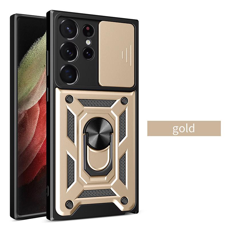 Sergeant Level Camera Sliding Window Phone Case For Samsung S25 S24 S23 S22 Ultra Plus Ring Bracket Shockproof Protective Cover