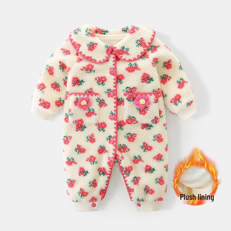 Baby Girl Fleece-Lined Lambswool Onesie: Autumn & Winter Warm Outerwear