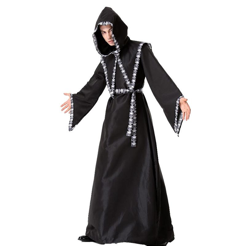 Halloween Costume Male Adult Dark Wizard Masquerade Ball Horror Grim Reaper cos Undead Skeleton Play Dress