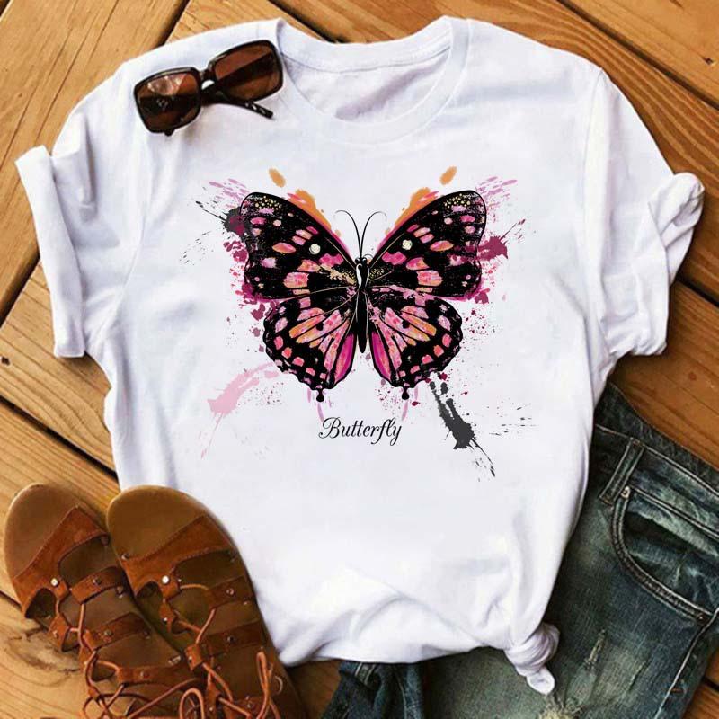 Summer Butterfly Print Plus Size Loose Round Neck Pure Cotton Short Sleeved Top T-Shirts Women’s Tees