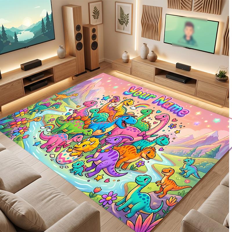 Dinosaur Theme Soft Crystal Velvet Rug Custom Name & Text Print Non Slip Floor Rug for Bedroom Living Room