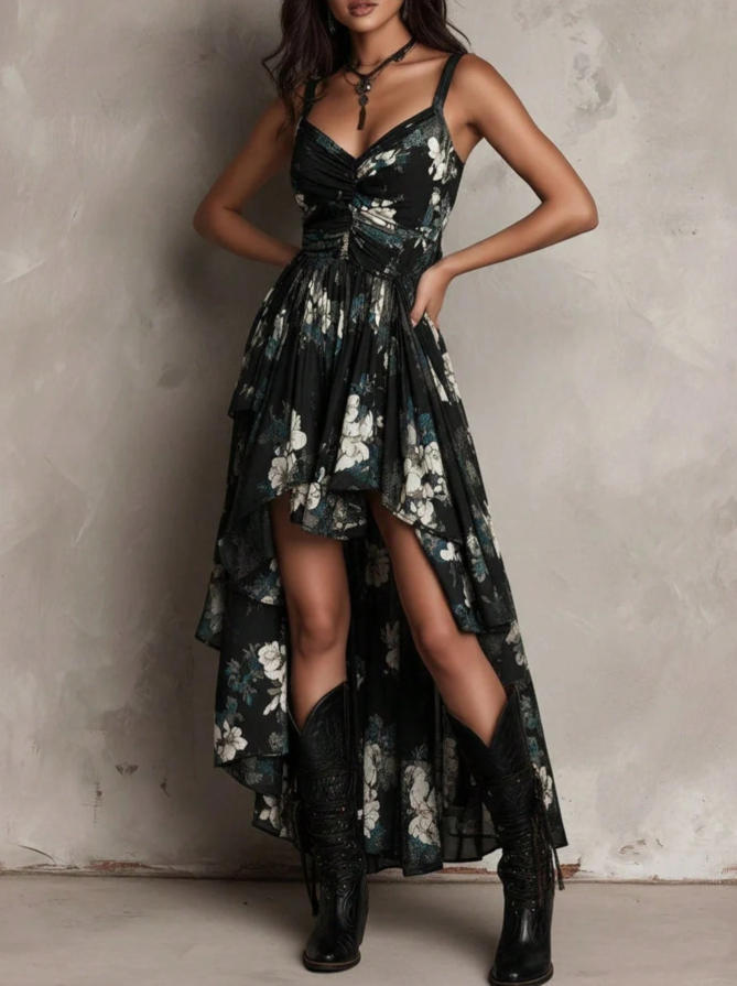 2026 Europe, America, Station Fashion Retro Printed Suspender Dress Women s V-Neck Waist High Split Dress XS