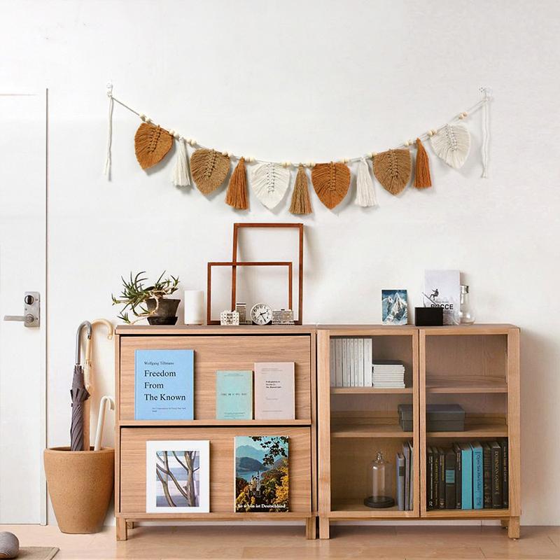 Бохо-листья макраме настенный гобелен хлопковая веревка ручная работа кисточка настенный — фото 5