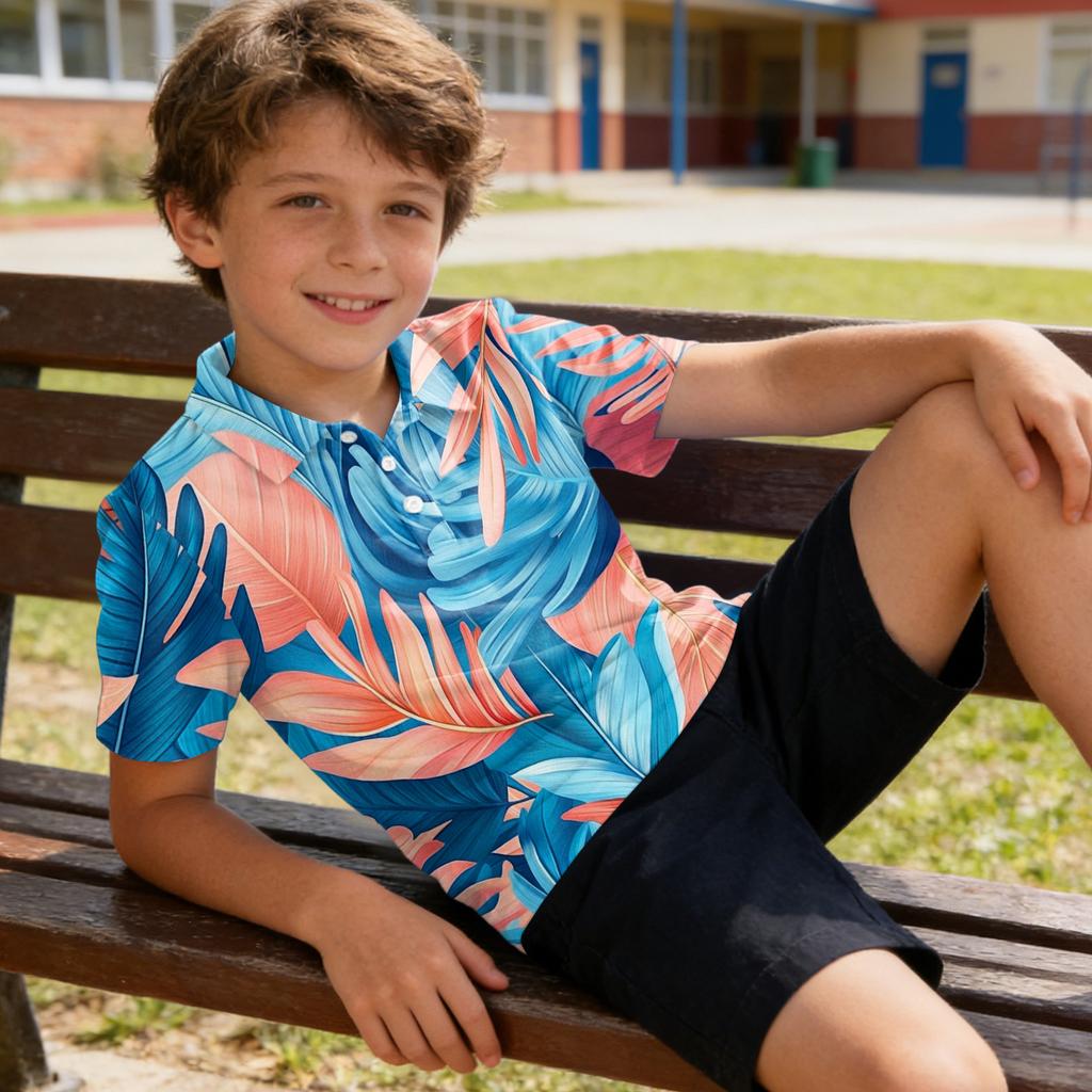 Kids Polo Shirt Quick Dry Short Sleeve Hawaiian Print Collared Tee Lightweight Breathable Fabric Summer Casual Top for Boys