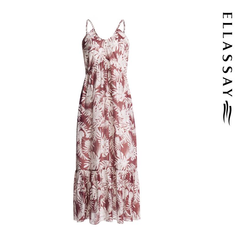 ELLASSAY Women's Tencel Linen Palm Print Strappy Maxi Dress