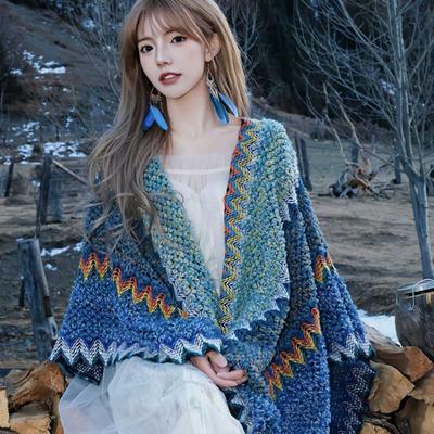 Boho Shawl with Fringes Ethnic Style Patchwork Color Women Scarf Autumn Winter Holiday Colorful Striped Shawl
