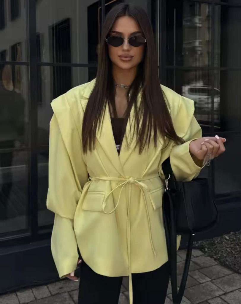 Women's Fashion Padded Shoulder Suit Jacket with Tie-Waist