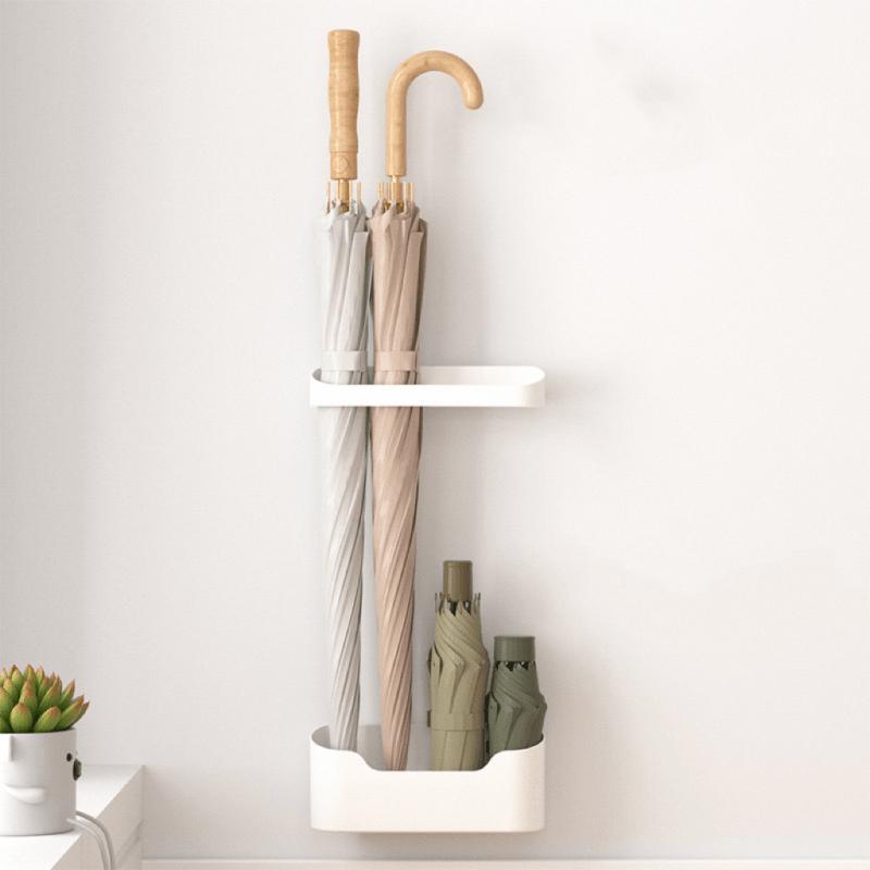 Set of 1/2Pcs No-Drill Wall-Mounted Umbrella Holders with Drip Tray: Contemporary Long-Handle And Folding Umbrella Storage Rack