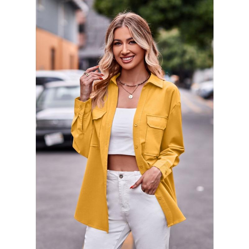 

2024 Модная женская рубашка с длинным рукавом и двойными карманами для офиса, повседневная свободная женская однотонная женская одежда 1817 XXL жёлтый