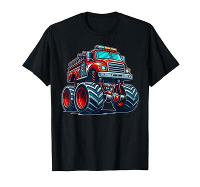 Big Wheels Fire Truck Firefighter Kids Boys Monster Truck T-Shirt