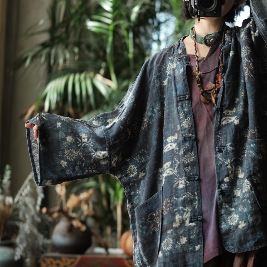Johnature Women Vintage Print Floral Shirts Tops Print Floral Linen Blouses Spring Stand Long Sleeve Women Shirts