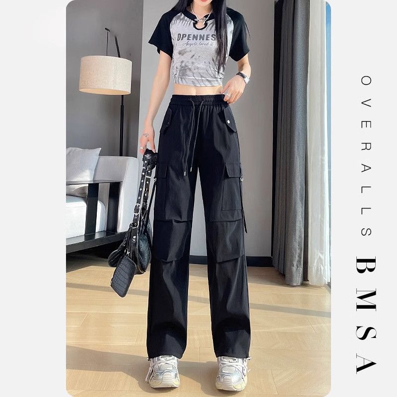 

Clearance Leak-Picking Almond White Overalls Women Autumn Summer Small Straight Parachute Sports Ankle-tied Casual Pants Black L