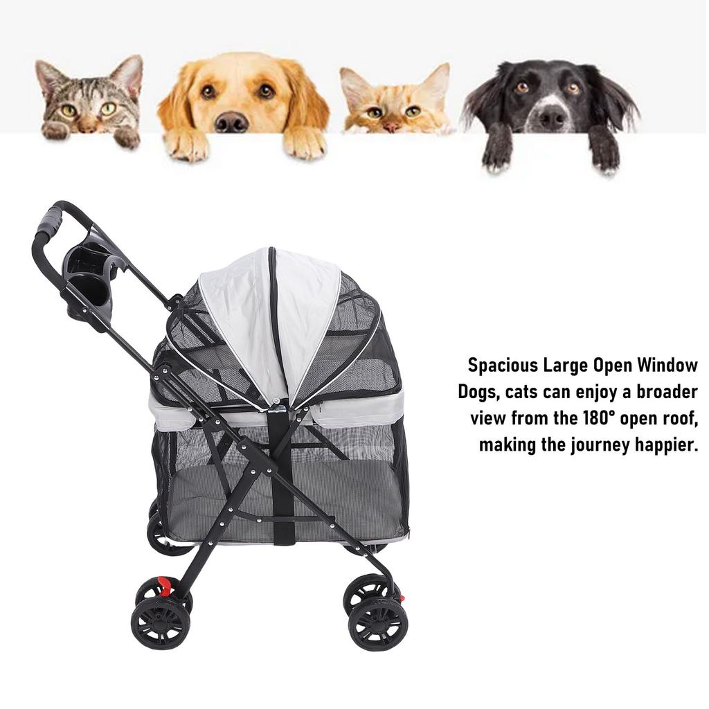 Pet Stroller One Click Folding Cat Stroller 4 Wheels Dog Wagon with Sun Shades and Cup Holder for Travel Foldable Dog Stroller