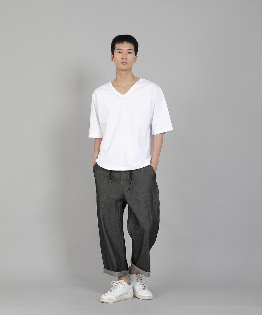 Seinteukeulu Plain V-Neck 16S Cotton Knee-Length Short Sleeve T-Shirt V-8A01 White