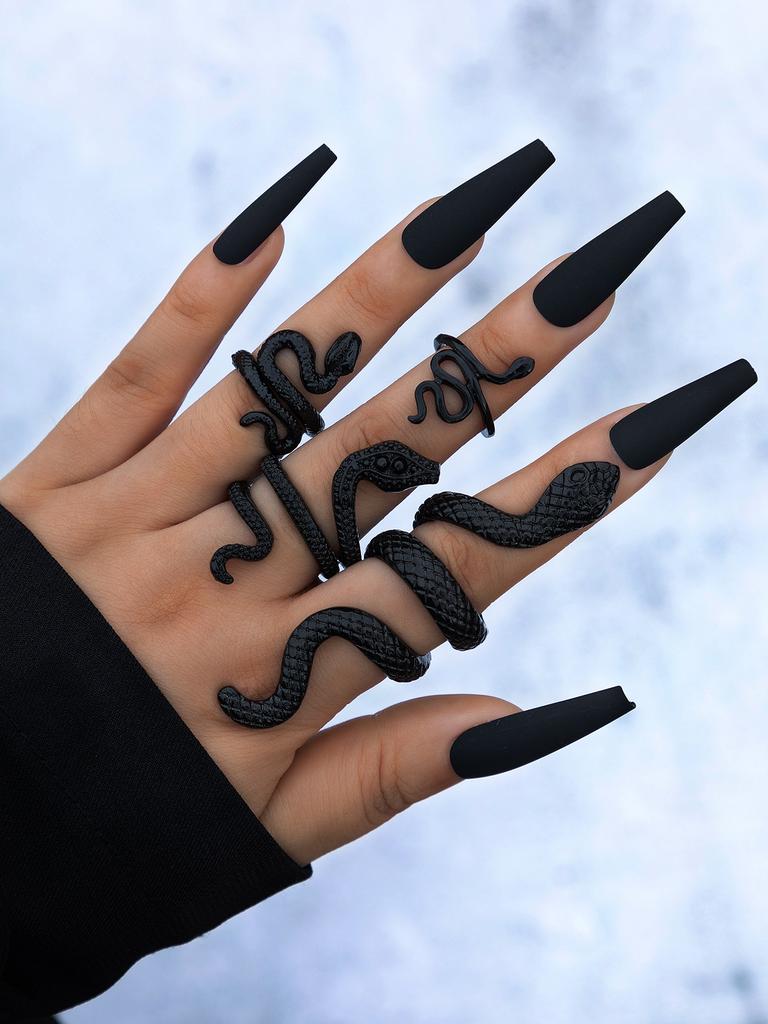 Imoli 4pcs/Set Fashionable Punk Style Snake Carved Alloy Ring Set, Suitable for Party, Gathering, Gift