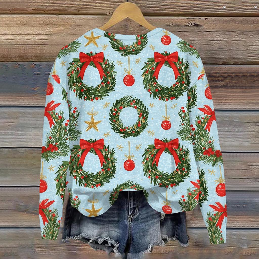 Women's Casual Long Sleeve Christmas Print Neck Pullover Sweatshirt Top