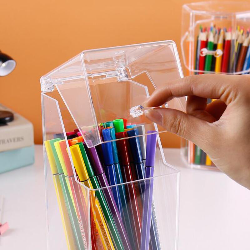 Acrylic Pen Holder Makeup Brush Holders Pencil Organizer Clear Stationery Storage Box Makeup Organizer with Lid Dust-proof Case