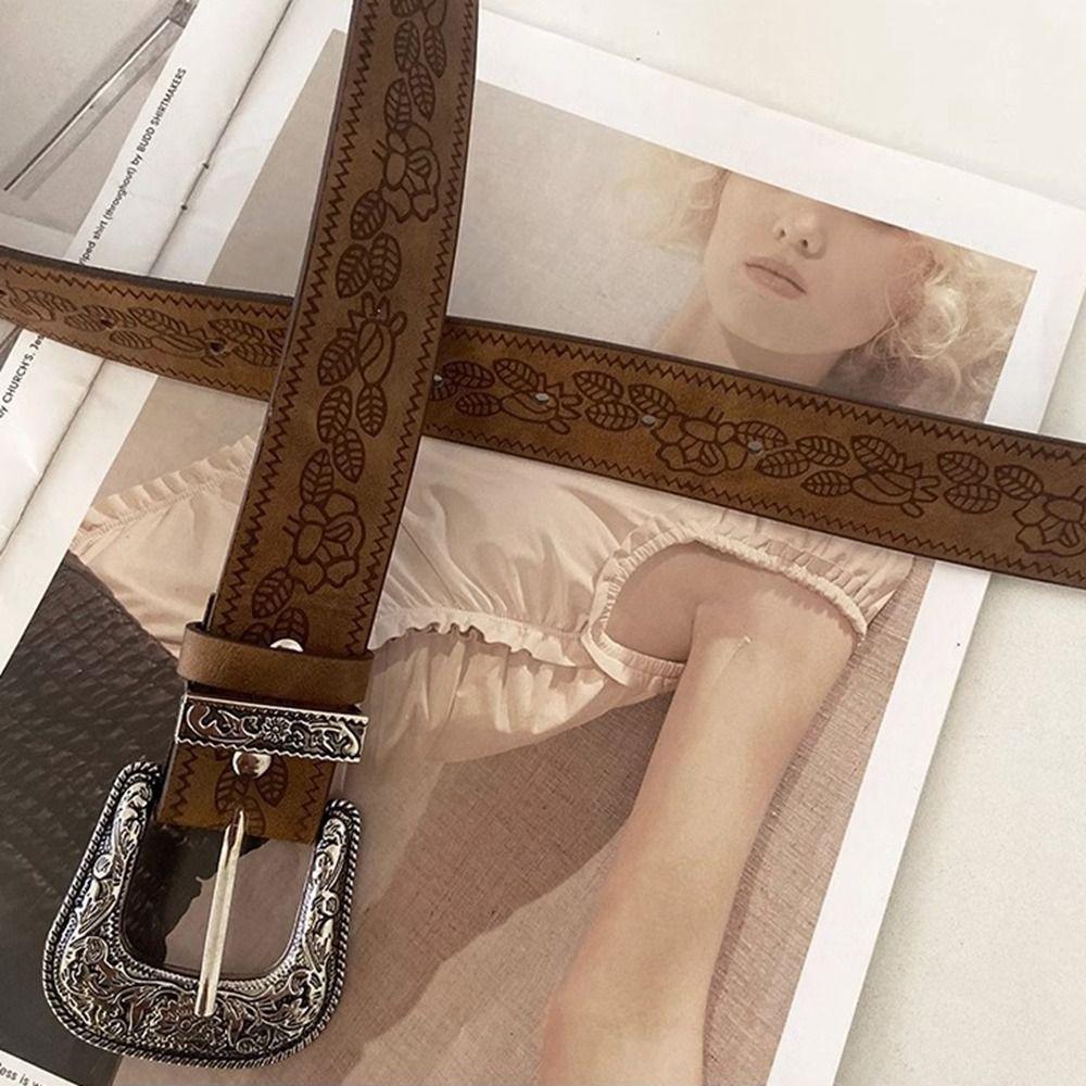 Zinc Zinc Alloy Ethnic Style Belt Vintage Printed Pants Decorative Fashion PU Leather Belt Female