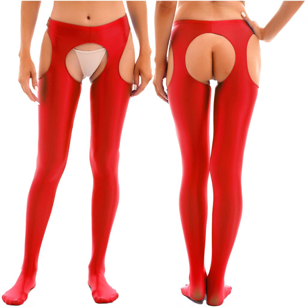Womens Glossy Cutout Pantyhose Mid Waist Tights Crotchless Design Elastic Waistband Sheer Leggings Skinny Pants