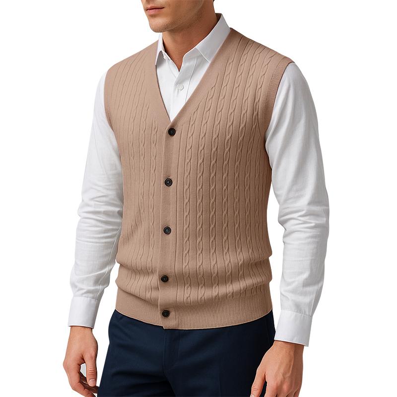 Autunno Gilet da Uomo Lavorato a Maglia a Cavi Scollo a V Abbottonato Senza Maniche Cardigan Gilet Outdoor Business Leggero Streetwear