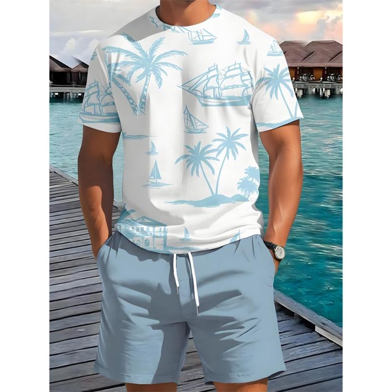 2 Piece Summer Casual Everyday Men's Short Sleeve Shorts Set Hawaiian Print Men's T-shirt Outdoor Sports Men's Beach Shorts