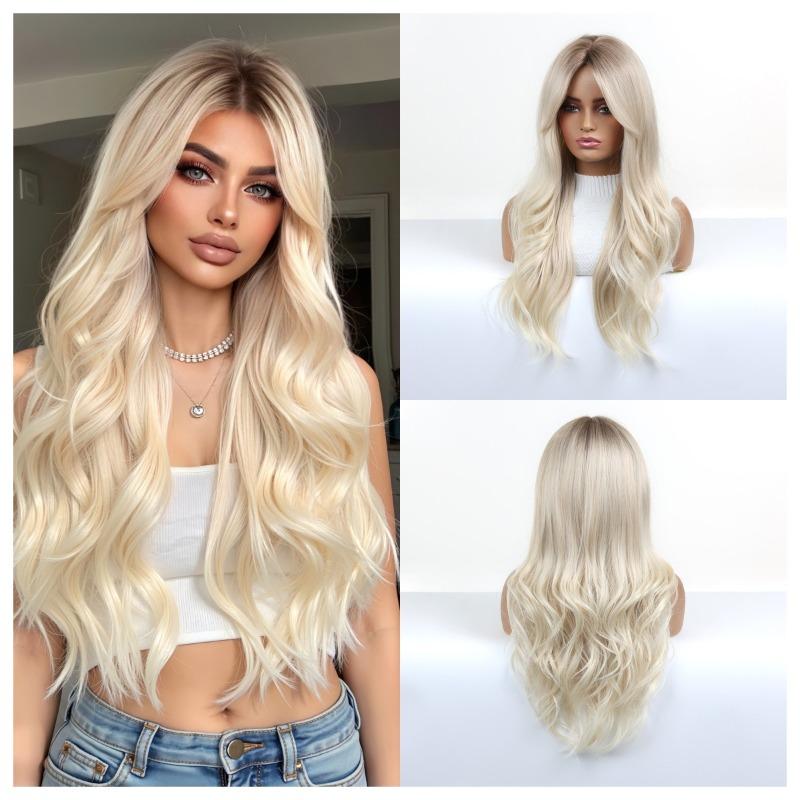 Hot-selling gradual change blond wig long curly hair chemical fiber hair high temperature silk female full headgear wigs factory spot