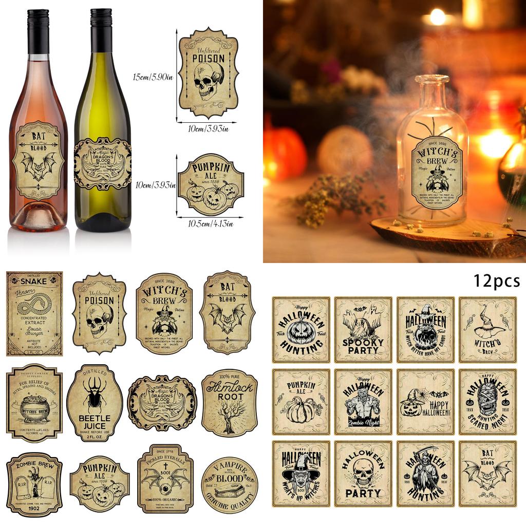 Halloween Vintage Wine Bottle Labels With Removable Stickers For Party Decor And Event Setup