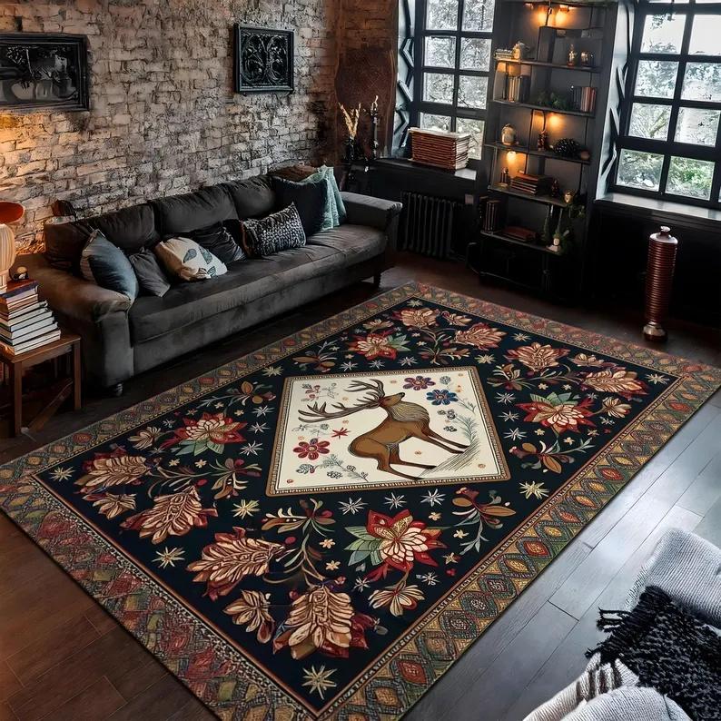 Рождественский ковер с оленями, коврик с оленями, ковер с оленями и пуансеттией, ковер «Счастливого Рождества», рождественский подарок, новогодний ковер, рождественский ковер 40x60cm Flannel