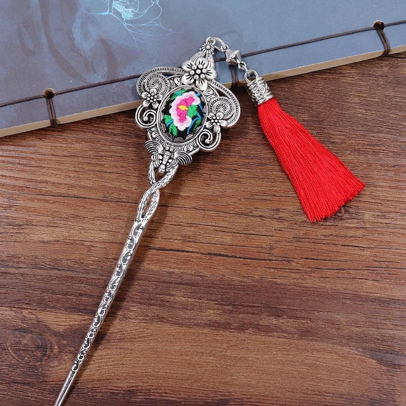 Vintage embroidery earrings hairpin classical temperament Miao peacock flower fringed earrings hair accessories set women