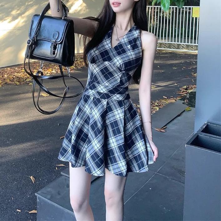 French v-neck neck plaid dress women's summer new temperament slim fit small man short