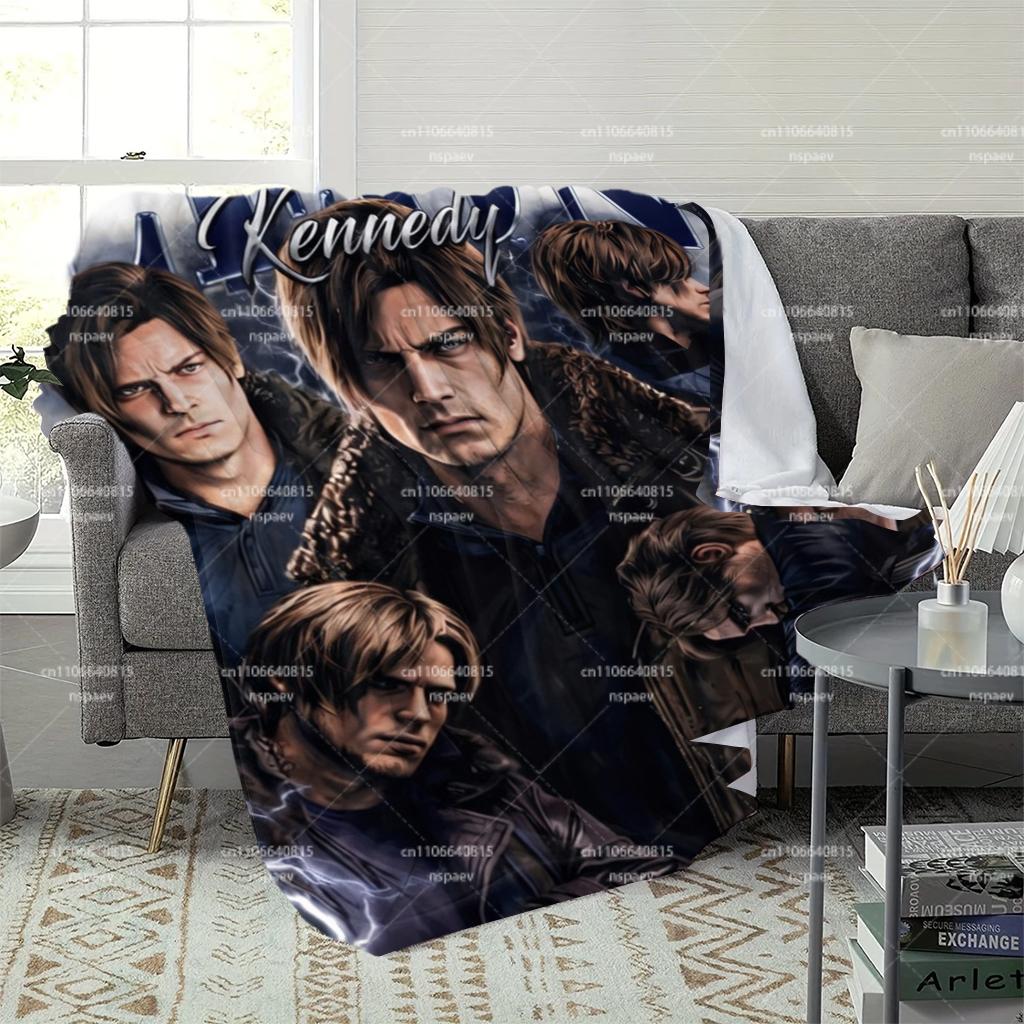 R-Resident E-Evil L-Leon S. Kennedy Fleece Blanket, RE4 Game Character Throw Blanket, Gamer Bedroom Decor Gift