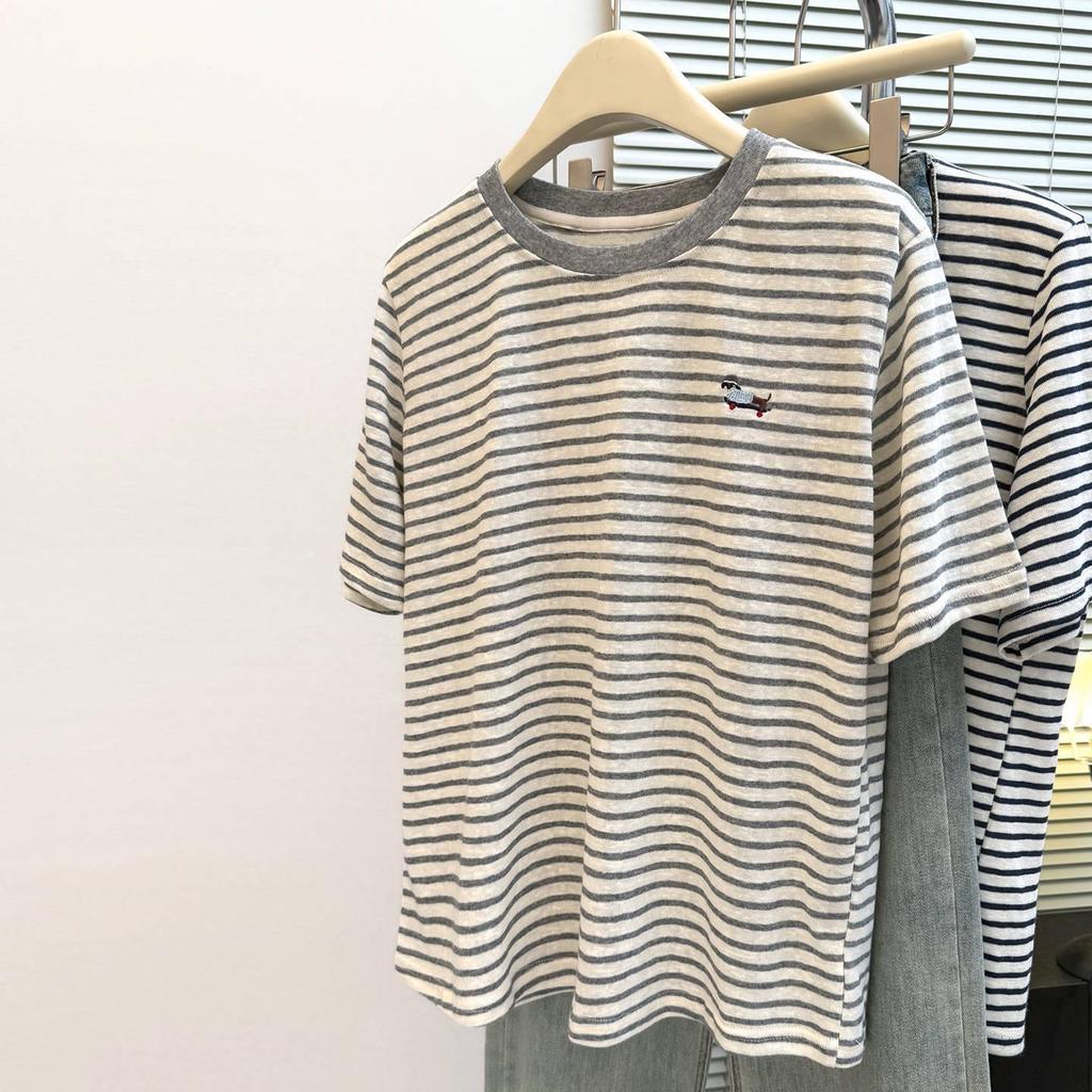 Korean Style Women's Niche Cartoon Embroidery Striped Half-Sleeve T-shirt