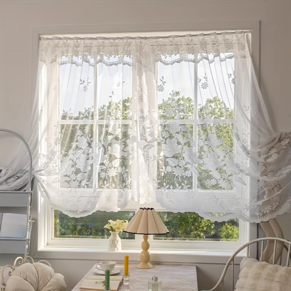 Flower Pattern French Lace Jacquard Curtain Translucent No Drilling Required Window Sheer Curtain Through-rod Design